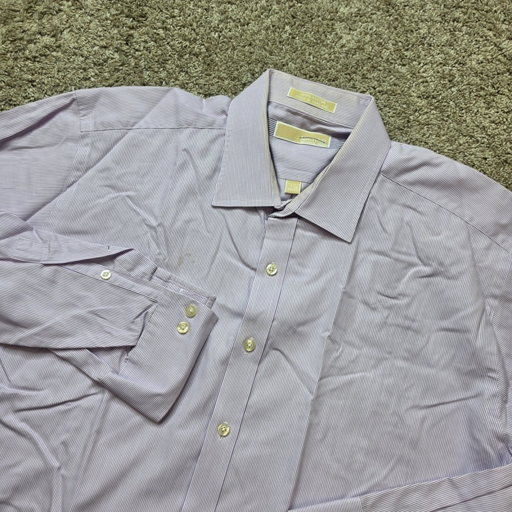 Michael Kors Dress Shirt Mens 17.5 34/35 Cotton Striped Purple Regular Fit Shirt